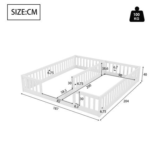 Cama de criança 2x90x200cm madeira maciça - com corrimões - sem estrado - Branco