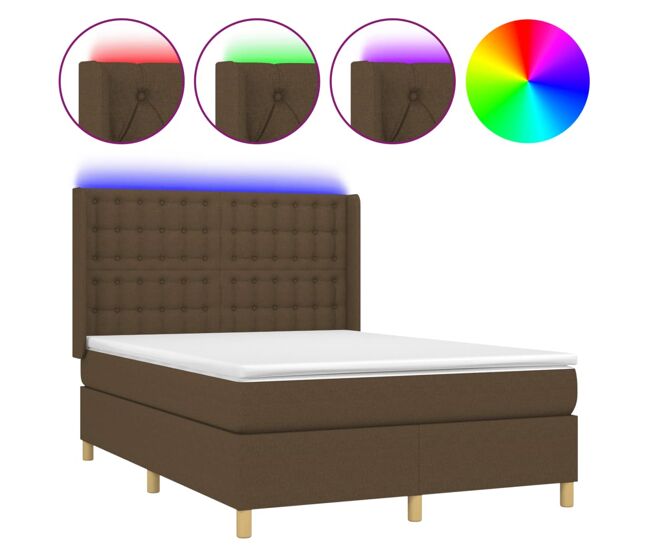 Cama box spring colchón luces led tela marrón oscuro 140x190 cm botones
