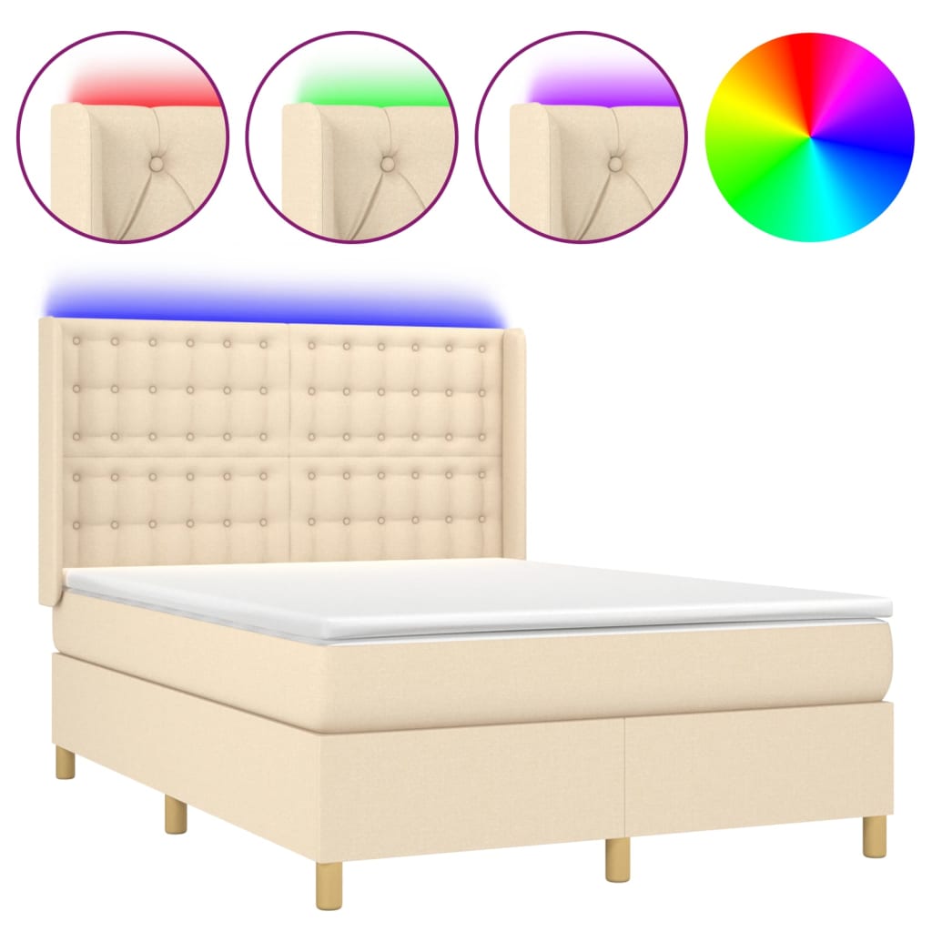 Cama box spring colchón y luces led tela crema 140x190 cm botones