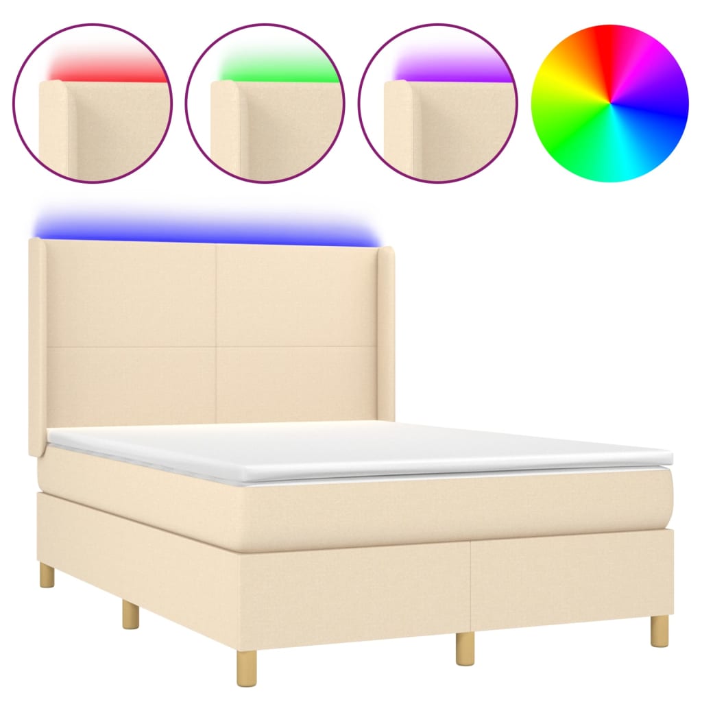 Cama box spring colchón y luces led tela crema 140x200 cm diseño plano