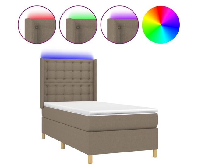 Cama box spring colchón y luces led tela gris taupe 100x200 cm botones