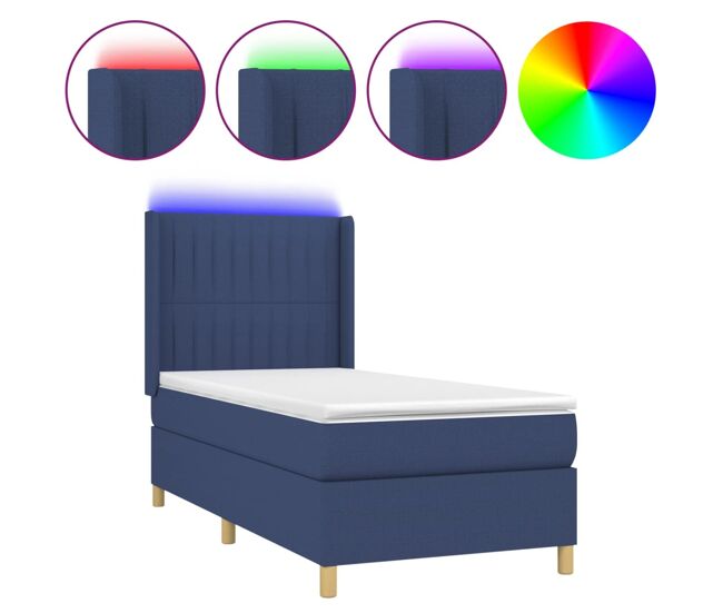 Cama box spring colchón y luces led tela azul 90x200 cm rayas verticales