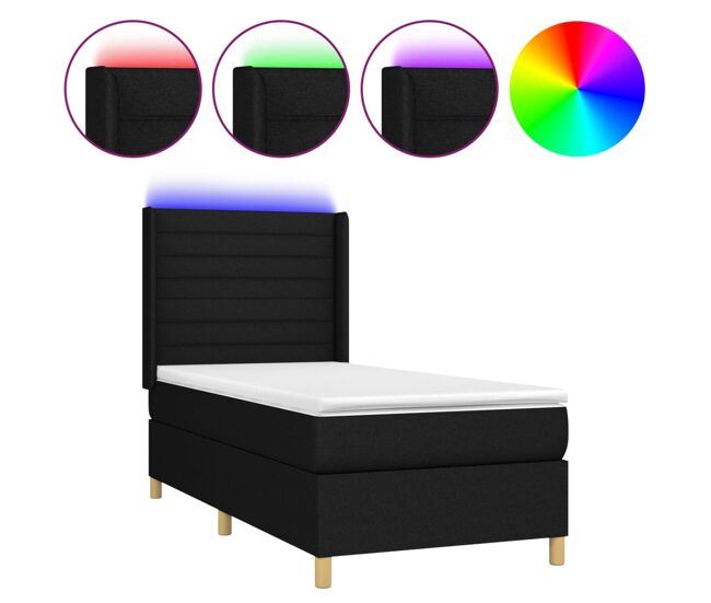 Cama box spring colchón y luces led tela negro 90x200 cm rayas horizontales