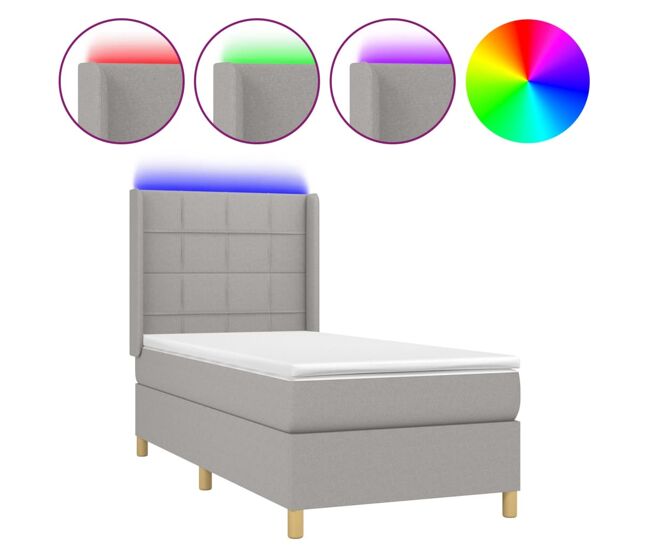 Cama box spring colchón y luces led tela gris claro 90x190 cm bloques con cuadros