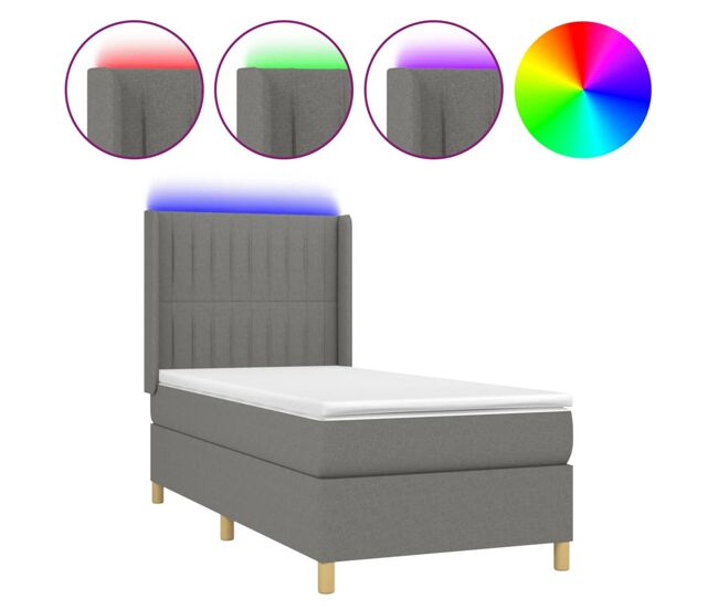 Cama box spring colchón y luces led tela gris oscuro 90x190 cm rayas verticales