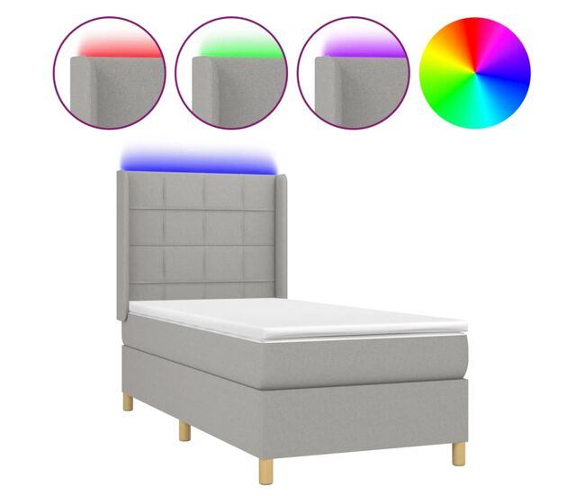 Cama box spring colchón y luces led tela gris claro 100x200 cm bloques con cuadros