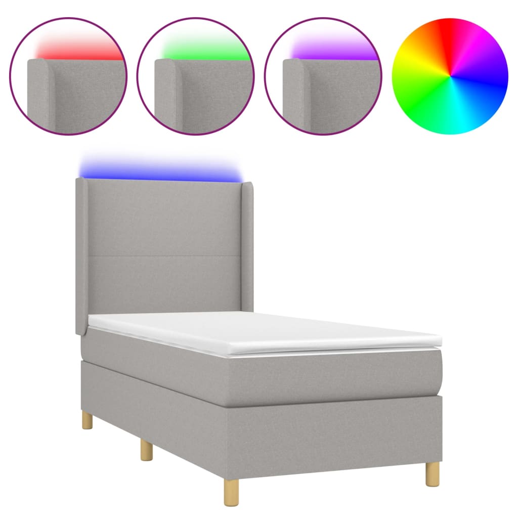 Cama box spring colchón y luces led tela gris claro 90x200 cm diseño plano
