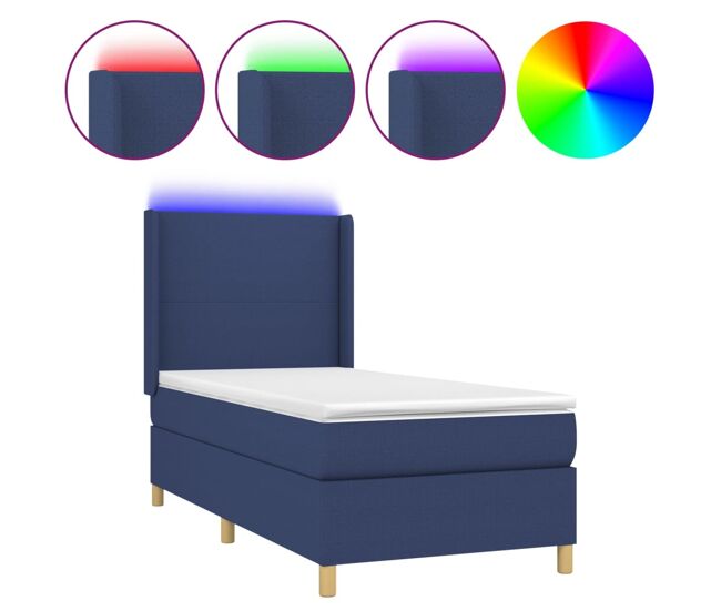 Cama box spring colchón y luces led tela azul 90x200 cm diseño plano