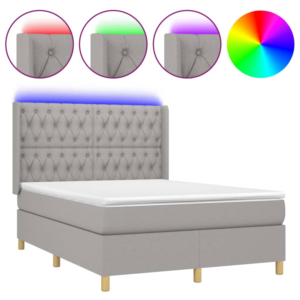Cama box spring colchón y luces led tela gris claro 140x190 cm diseño de botones