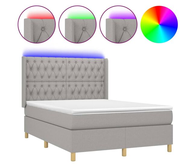 Cama box spring colchón y luces led tela gris claro 140x190 cm diseño de botones