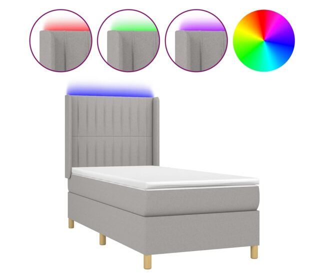 Cama box spring colchón y luces led tela gris claro 100x200 cm rayas verticales
