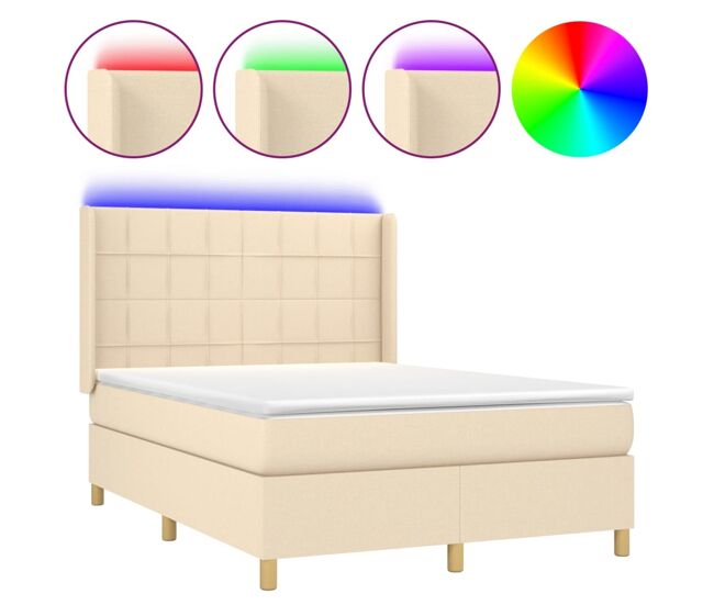 Cama box spring colchón y luces led tela crema 140x190 cm bloques con cuadros