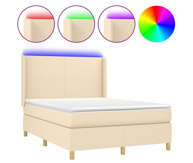 Cama box spring colchón y luces led tela crema 140x190 cm diseño plano
