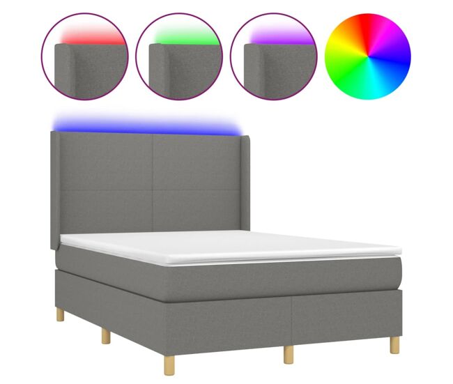 Cama box spring colchón y luces led tela gris oscuro 140x200 cm diseño plano