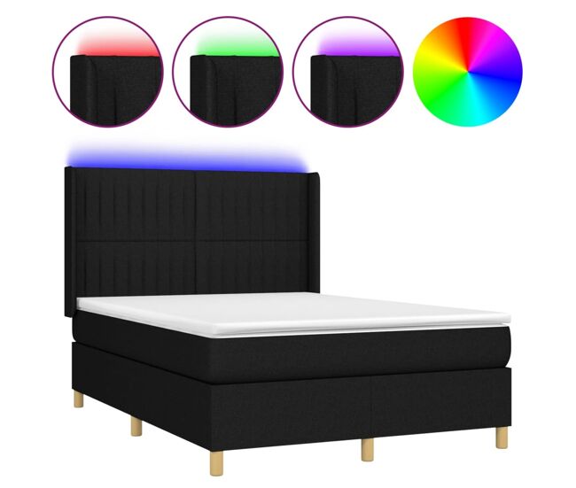 Cama box spring colchón y luces led tela negro 140x200 cm rayas verticales
