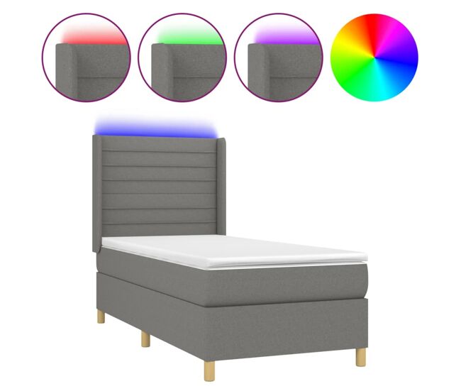 Cama box spring colchón y luces led tela gris oscuro 80x200 cm rayas horizontales