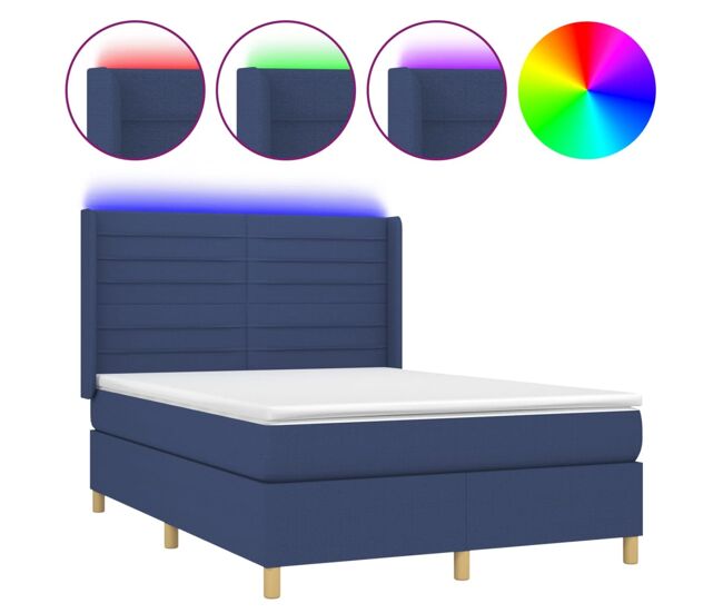 Cama box spring colchón y luces led tela azul 140x200 cm rayas horizontales