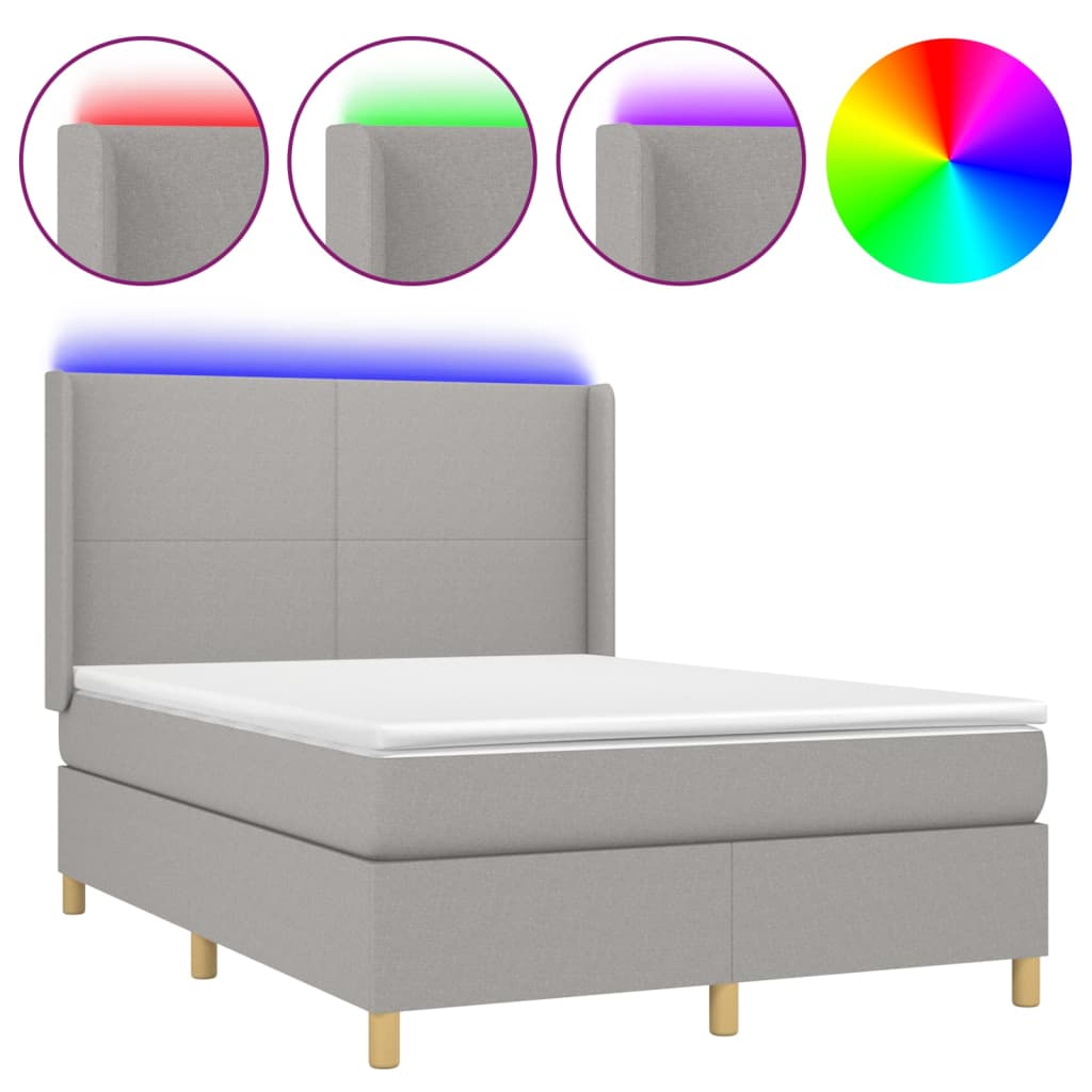 Cama box spring colchón y luces led tela gris claro 140x200 cm diseño plano