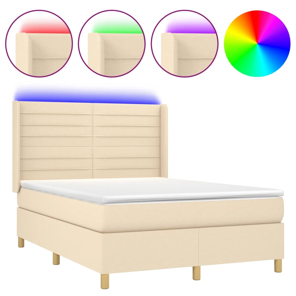 Cama box spring colchón y luces led tela crema 140x200 cm rayas horizontales