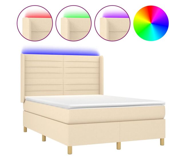 Cama box spring colchón y luces led tela crema 140x200 cm rayas horizontales