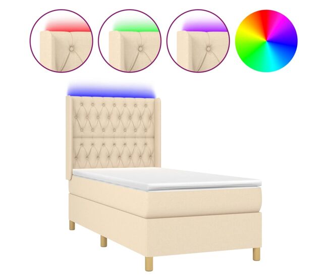 Cama box spring colchón y luces led tela crema 100x200 cm diseño de botones