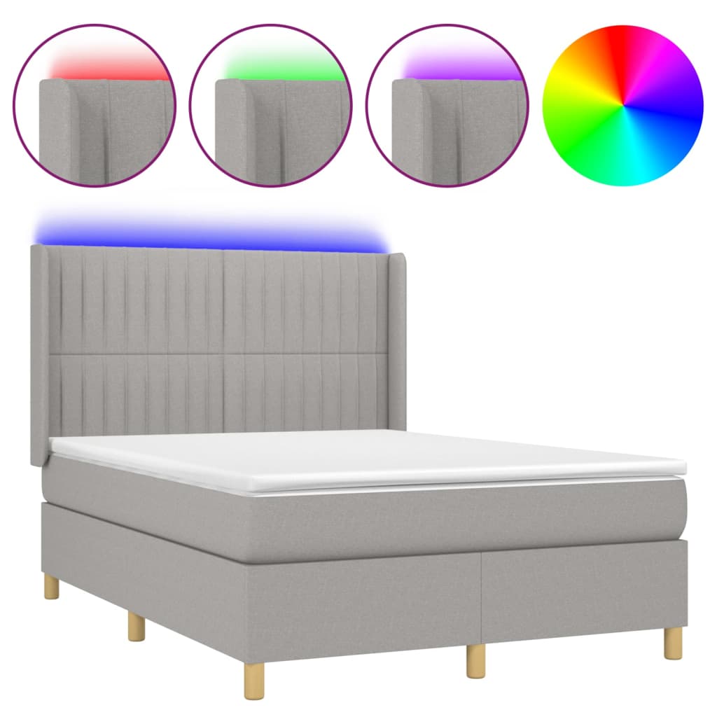 Cama box spring colchón y luces led tela gris claro 140x190 cm rayas verticales