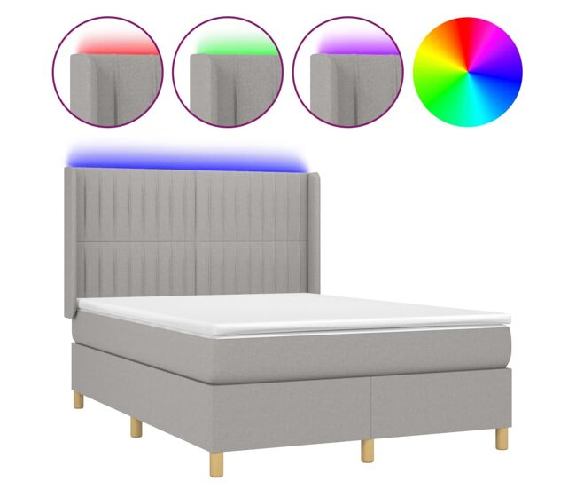 Cama box spring colchón y luces led tela gris claro 140x190 cm rayas verticales
