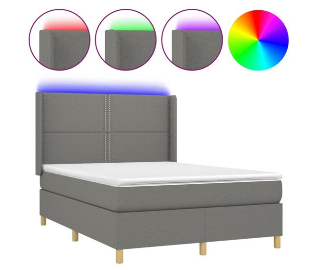 Cama box spring colchón y luces led tela gris oscuro 140x200 cm liso con clavos
