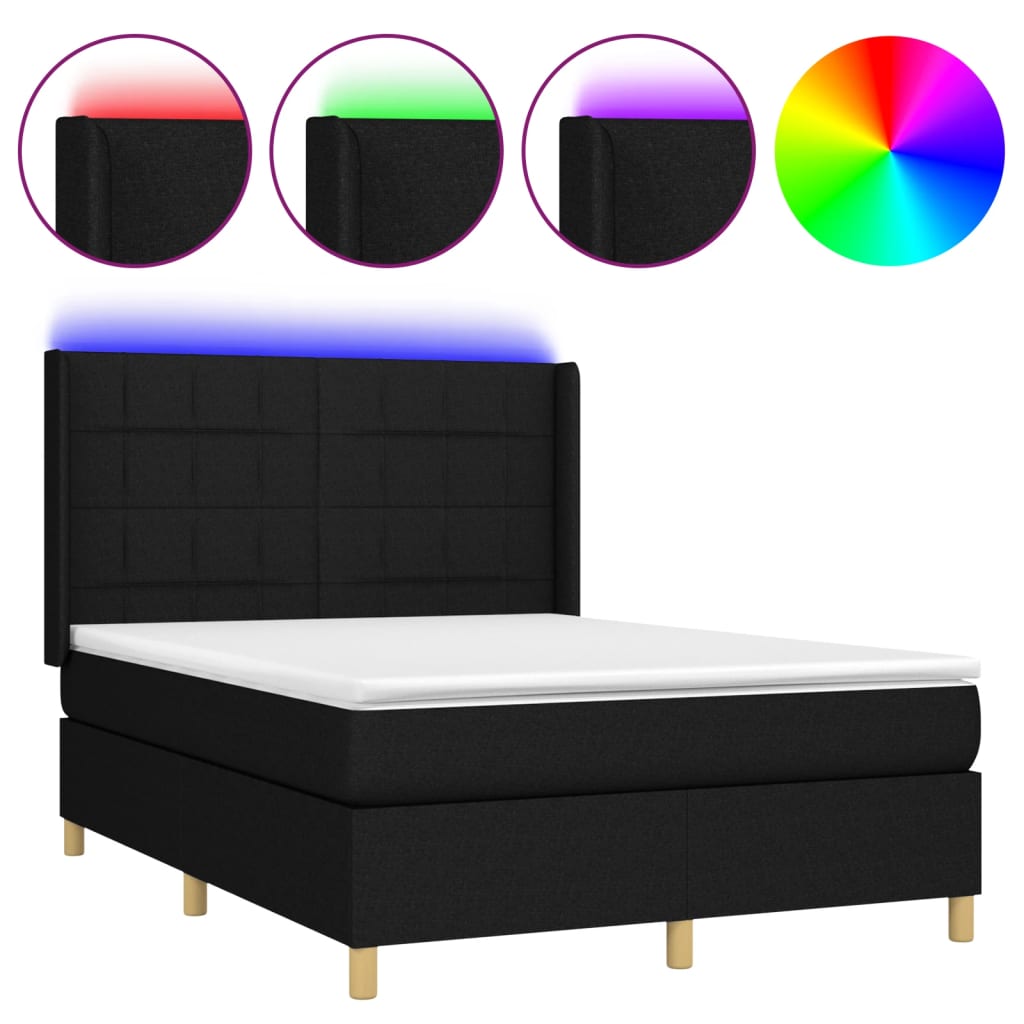 Cama box spring colchón y luces led tela negro 140x200 cm bloques con cuadros