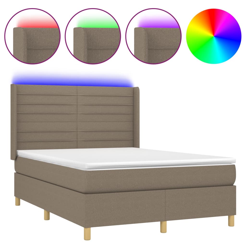 Cama box spring colchón y luces led tela gris taupe 140x190 cm rayas horizontales