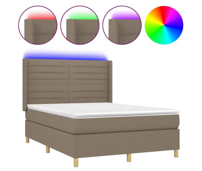 Cama box spring colchón y luces led tela gris taupe 140x190 cm rayas horizontales