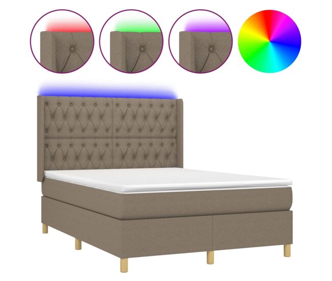 Cama box spring colchón y luces led tela gris taupe 140x200 cm diseño de botones