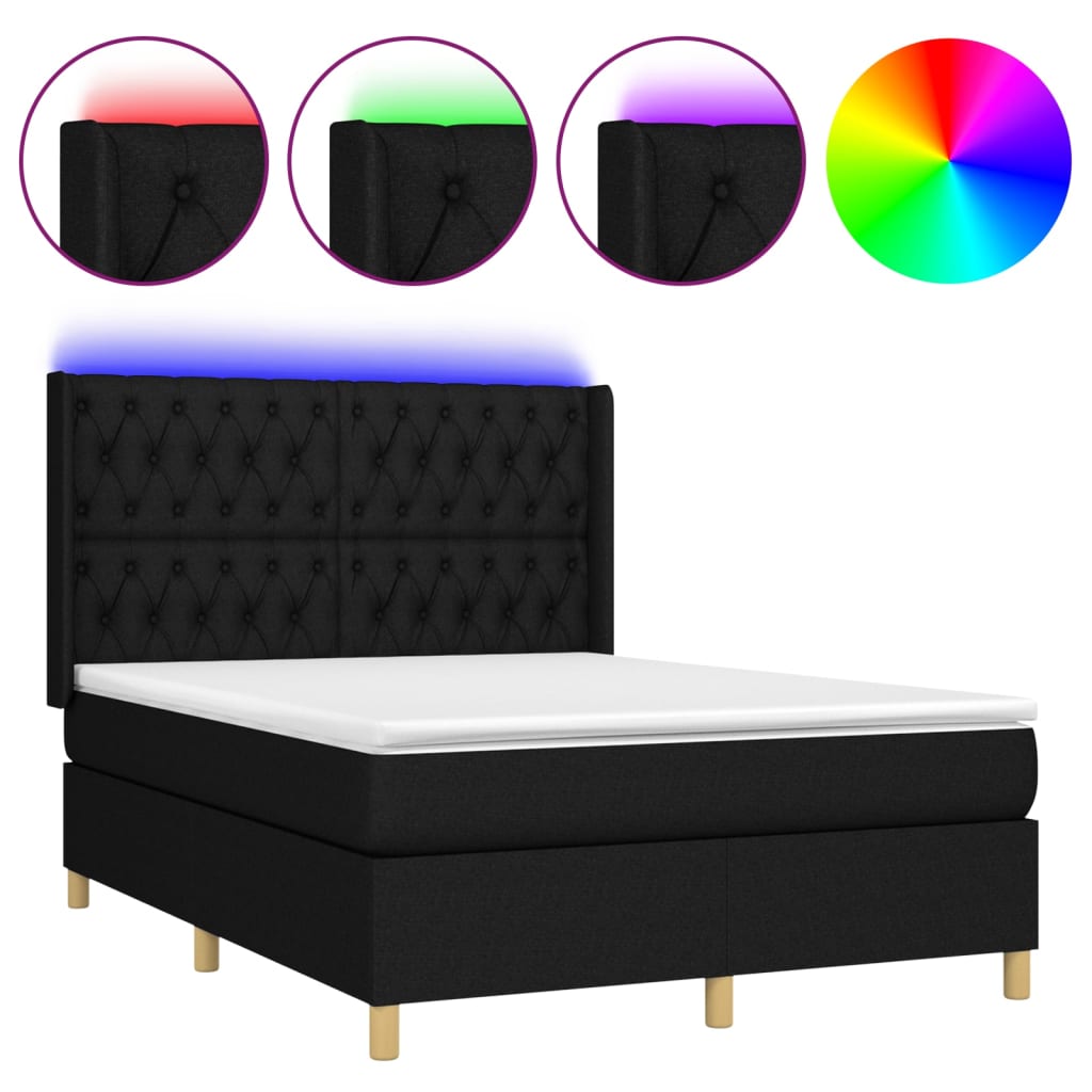 cama box spring colchon y luces led tela negro 140x190 cm diseno de botones
