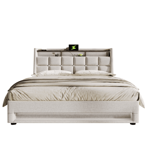 Cama de casal de linho 180x200cm com armazenamento,luz led,bege