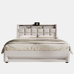 Cama de casal de linho 180x200cm com armazenamento,luz led,bege