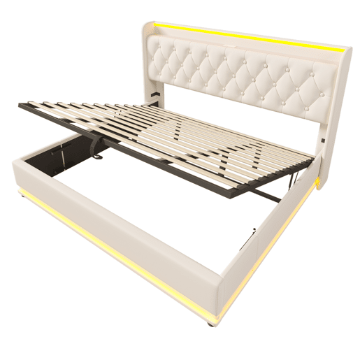 Cama de casal de pu 180x200cm com armazenamento,luz led,branco