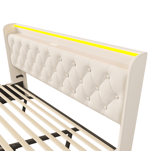 Cama de casal de pu 180x200cm com armazenamento,luz led,branco