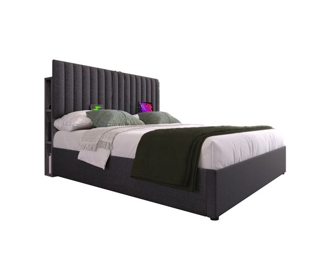Cama de matrimonio de lino 160x200cm con almacenaje,luz led,gris
