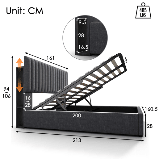 Cama de casal de linho 160x200cm com armazenamento,luz led,cinzento