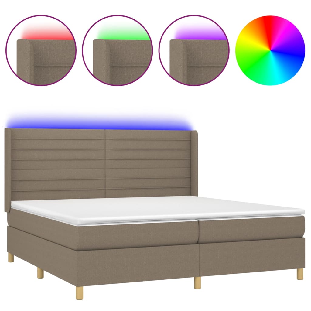 Cama box spring colchón y luces led tela gris taupe 200x200 cm rayas horizontales