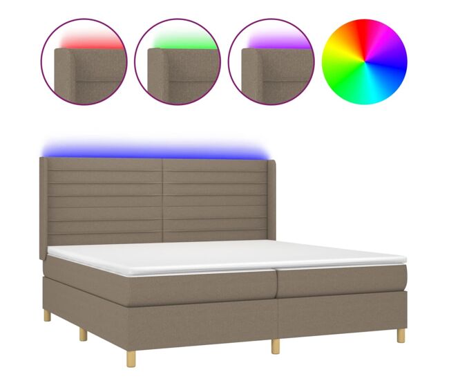 Cama box spring colchón y luces led tela gris taupe 200x200 cm rayas horizontales