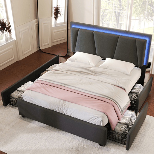 Cama de casal de madeira maciça 160x200cm com 4 gavetas,luz led,cinzento