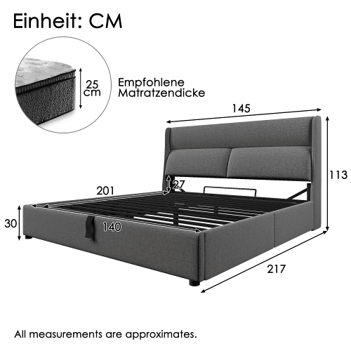 Cama de casal de linho 140x200cm com armazenamento,cinzento
