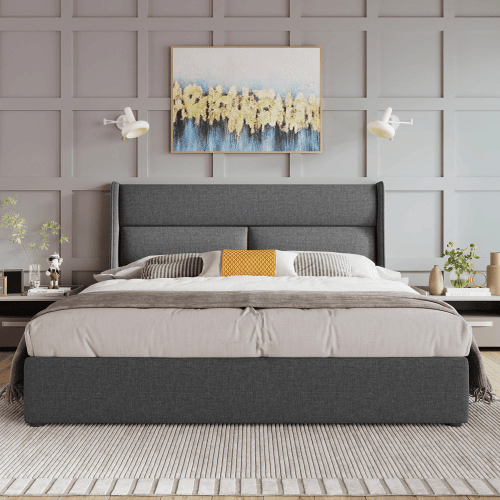 Cama de casal de linho 140x200cm com armazenamento,cinzento
