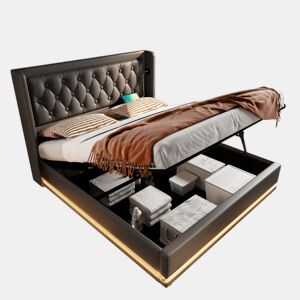 Cama de casal de pu 180x200cm com armazenamento,luz led,preto