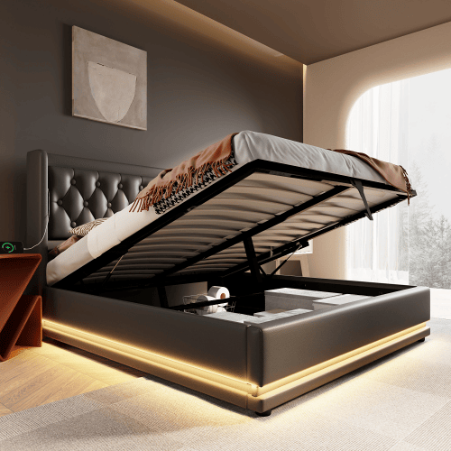 Cama de casal de pu 180x200cm com armazenamento,luz led,preto
