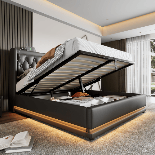 Cama de casal de pu 180x200cm com armazenamento,luz led,preto