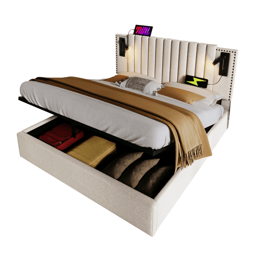 Cama de casal de algodão 140x200cm com armazenamento,bege