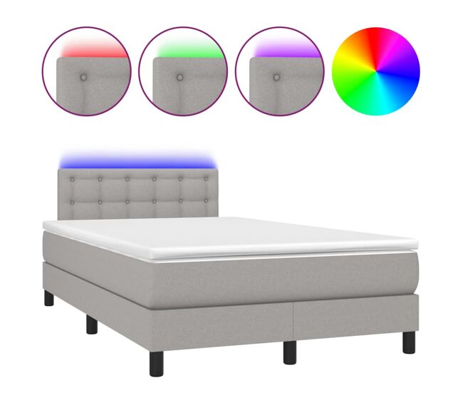 Cama box spring con colchón tela y led gris claro 120x200 cm botones