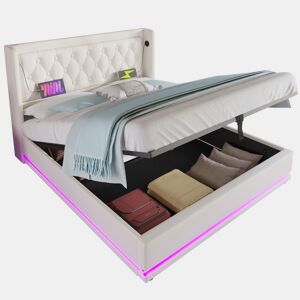 Cama de casal de pu 140x200cm com armazenamento,luz led,branco